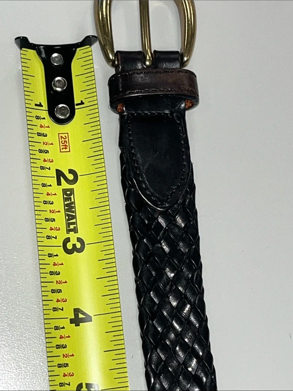 Source Unknown Black Woven Leather Belt with Brass Buckle